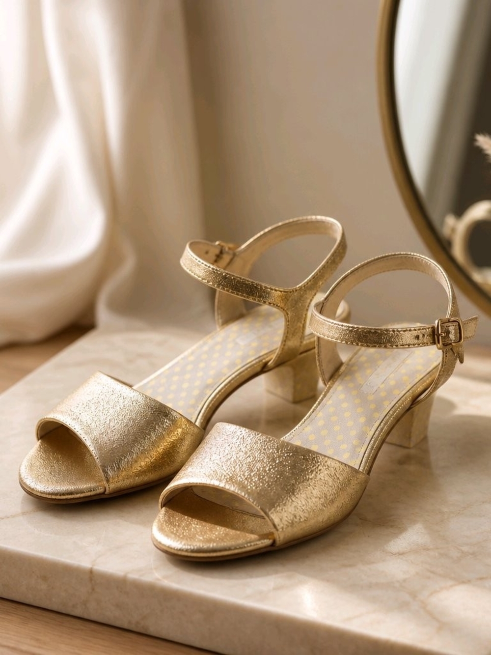 Metallic Gold Cork Heel Sandals with Ankle Strap-small Spot On One Shoe